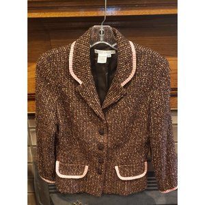 MAGGY LONDON Brown Tweed Suit with Chic Pink Accents